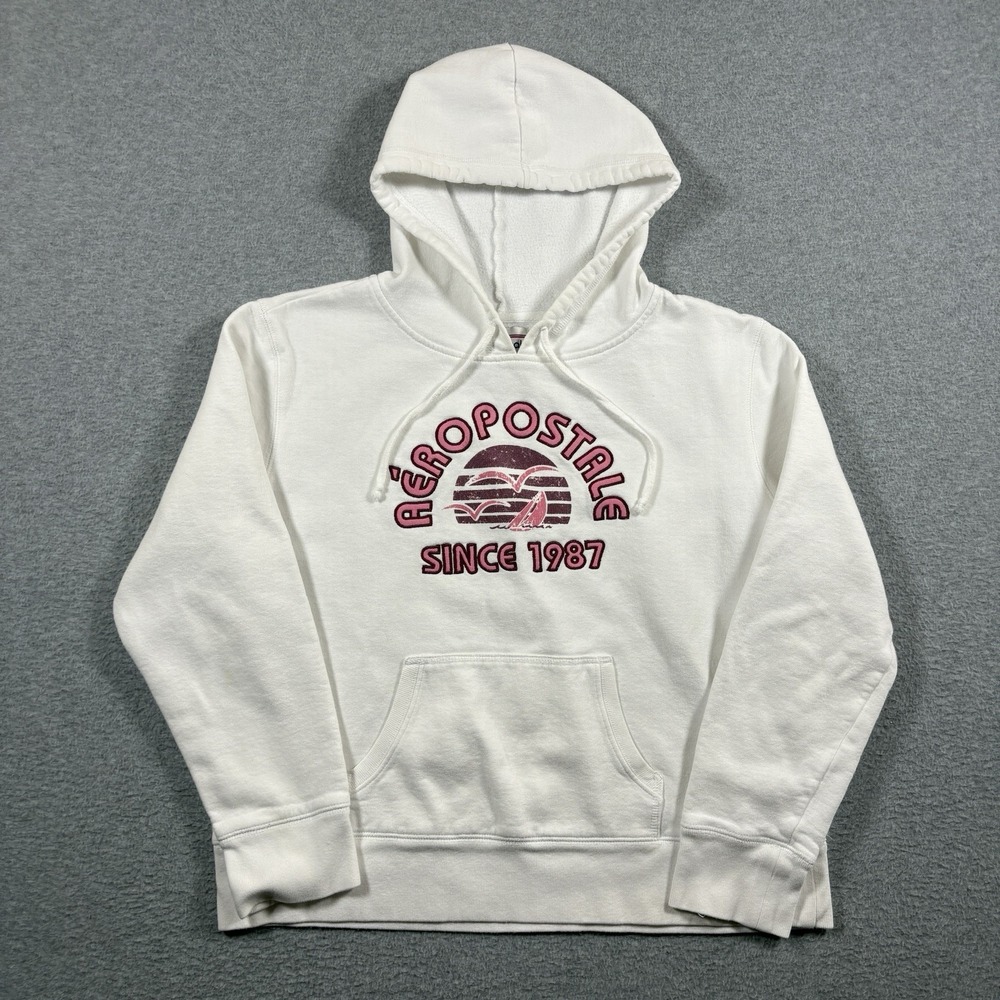Vintage Y2K Aeropostale Hoodie Womens L White Pink Sailboat Sunset Sweatshirt